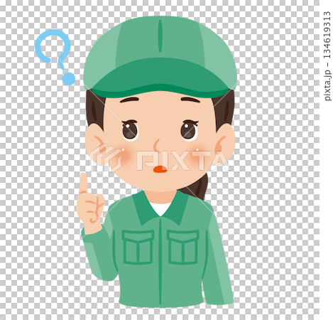 疑問を持つ作業服を着て帽子を被った女性　上半身イラスト 134619313
