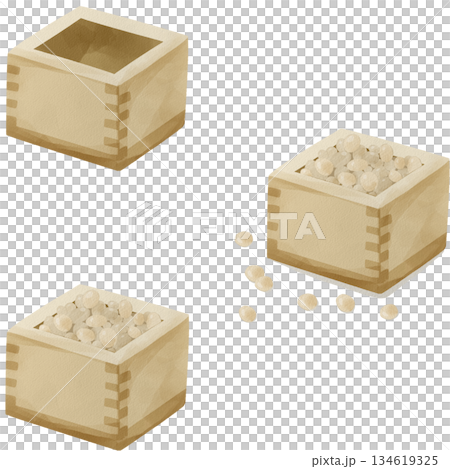 節分豆和木製枡的水彩插圖 134619325