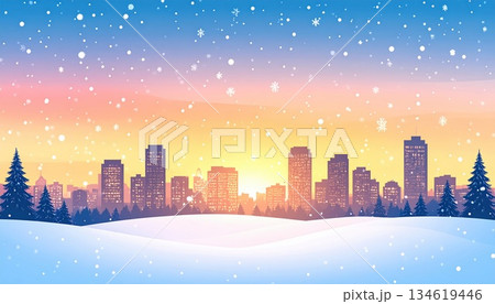《AI画像》雪の降る夕暮れの都市風景 134619446