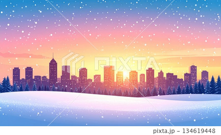 《AI画像》雪の降る夕暮れの都市風景 《AI画像》雪の降る夕暮れの都市風景 134619448