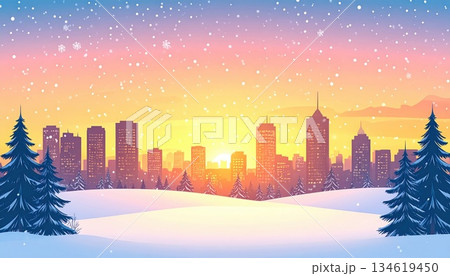 《AI画像》雪の降る夕暮れの都市風景 134619450