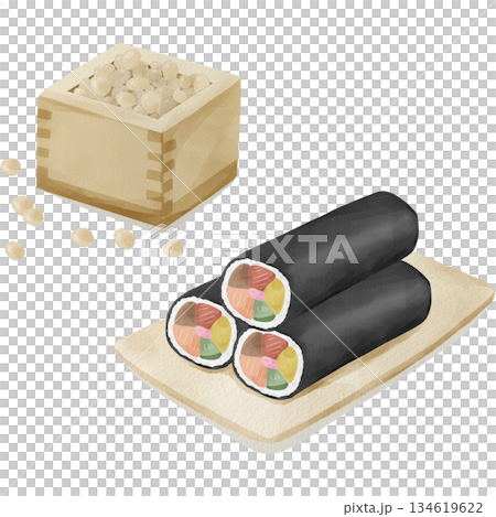 水彩節分套裝（豆子和江方捲）插圖 134619622