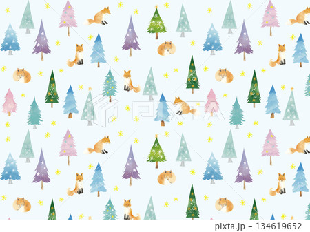 水彩風 かわいい冬の風景 狐と樹々のパターン  134619652