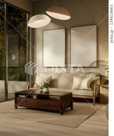 Blank frame on living room wall hanging over sofa and wooden table on parquet floor under lamp light 134619663