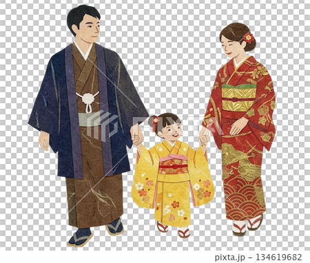 和紙で表現された着物姿の親子三人 134619682