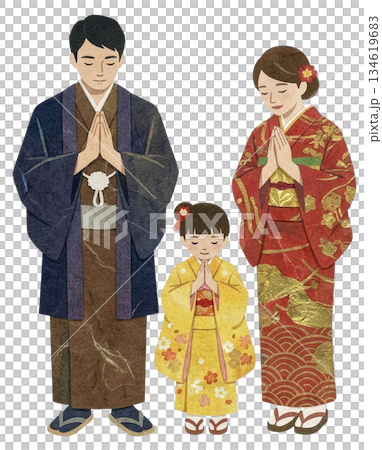 A family of three dressed in kimonos made from washi paper visiting the shrine 134619683