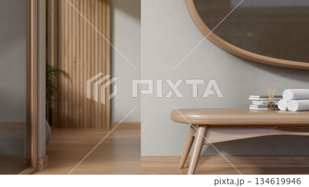 Close up of a bench or table with towels and diffuser on wooden floor corridor at spa massage shop. Close up of a bench or table with towels and diffuser on wooden floor corridor at spa massage shop. 134619946