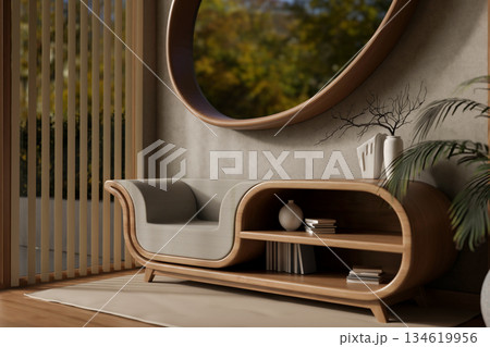 Garden view oval shape window on wall over multifunction wood bookshelf table chair near glass door Garden view oval shape window on wall over multifunction wood bookshelf table chair near glass door 134619956