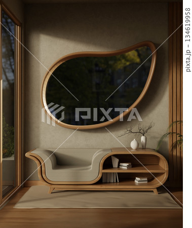 Water drop shape window on living room wall over multifunction bookshelf table chair on wooden floor 134619958