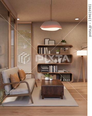 Wooden table and large armchair under ceiling lamp in a cosy living room with stylish bookshelf. Wooden table and large armchair under ceiling lamp in a cosy living room with stylish bookshelf. 134619981