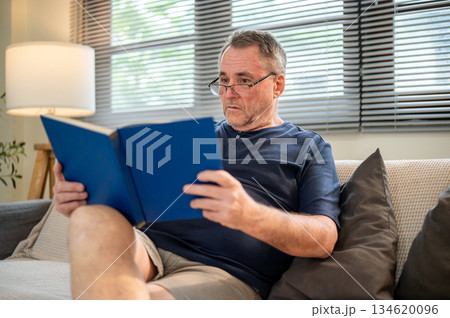 Old white caucasian man wearing glasses holding book reading closely while sitting on sofa in house Old white caucasian man wearing glasses holding book reading closely while sitting on sofa in house 134620096