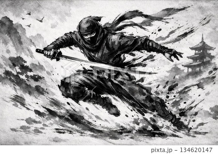 躍動感あふれる忍者の水墨画風イラスト　AI生成 134620147