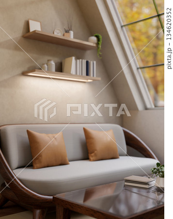 Wooden sofa with cushions under hanging bookshelf and sloped roof window with garden scenery outside Wooden sofa with cushions under hanging bookshelf and sloped roof window with garden scenery outside 134620352