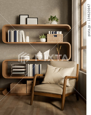 Wooden armchair with cushion in front of a unique design bookshelf or display shelf in a living room 134620847