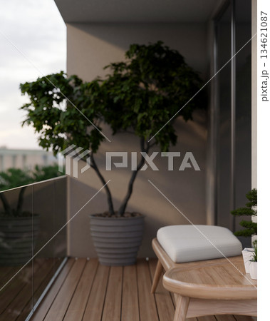 Wooden spa massage bed on house's terrace or balcony with parquet floor and glass railing partition. Wooden spa massage bed on house's terrace or balcony with parquet floor and glass railing partition. 134621087