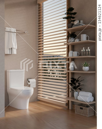 Toilet and paper under a towel hanging rack with wooden display shelf in a modern stylish bathroom.. Toilet and paper under a towel hanging rack with wooden display shelf in a modern stylish bathroom.. 134621124