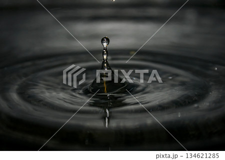macro capture of a water droplet rising from a narrow column, forming concentric ripples on a dark, reflective surface. Ideal for science, nature, and beautiful visuals 134621285