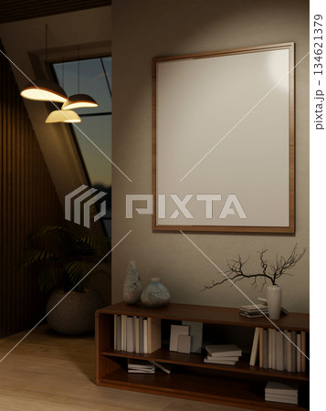 Blank frames hanging over wooden bookshelf at the end of corridor or hallway under lamp and window. Blank frames hanging over wooden bookshelf at the end of corridor or hallway under lamp and window. 134621379