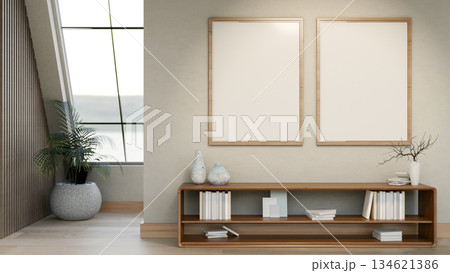 White blank frames hangs over wooden bookshelf at the end of corridor or hallway with a slope window White blank frames hangs over wooden bookshelf at the end of corridor or hallway with a slope window 134621386