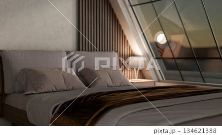 Dim lit modern bedroom with pillows and blanket under lamp light on side table and large roof window Dim lit modern bedroom with pillows and blanket under lamp light on side table and large roof window 134621388