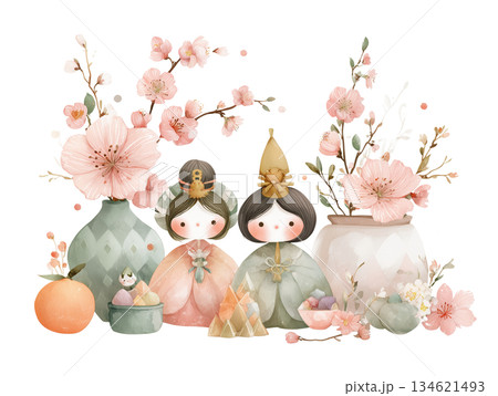 水彩画風の優しいタッチで描かれた雛人形と桃の花のイラスト素材 水彩画風の優しいタッチで描かれた雛人形と桃の花のイラスト素材 134621493
