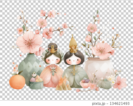 水彩画風の優しいタッチで描かれた雛人形と桃の花のイラスト素材 水彩画風の優しいタッチで描かれた雛人形と桃の花のイラスト素材 134621493