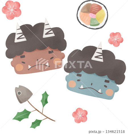 水彩風の節分イラスト(赤鬼・青鬼・恵方巻き・柊鰯と梅の背景) 水彩風の節分イラスト(赤鬼・青鬼・恵方巻き・柊鰯と梅の背景) 134621518