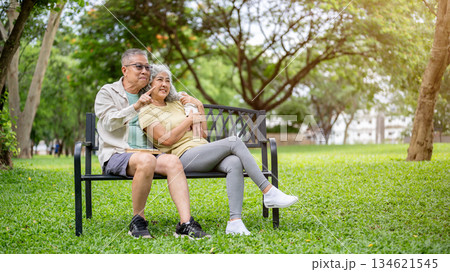 Glasses old man hugging pointing to woman while sitting leaning against each other on bench in park. Glasses old man hugging pointing to woman while sitting leaning against each other on bench in park. 134621545