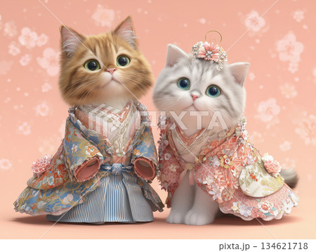 雛祭りの衣装を着た可愛い猫のお雛様 134621718