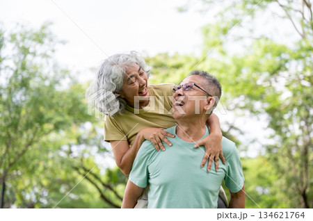 Glasses old man carrying old woman on his back and smiling at each other while standing in the park. Glasses old man carrying old woman on his back and smiling at each other while standing in the park. 134621764