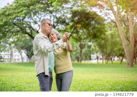 Glasses old man and old woman smiling and clasping hand while dancing together on grass lawn in park 134621779
