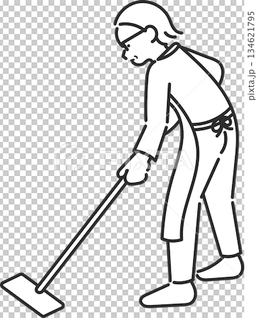 Illustration of a woman in her 40s cleaning the floor (line drawing only) 134621795