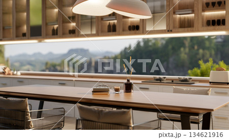 Coffee with book on wooden table under lamp in kitchen or dining room with glass wall behind counter Coffee with book on wooden table under lamp in kitchen or dining room with glass wall behind counter 134621916