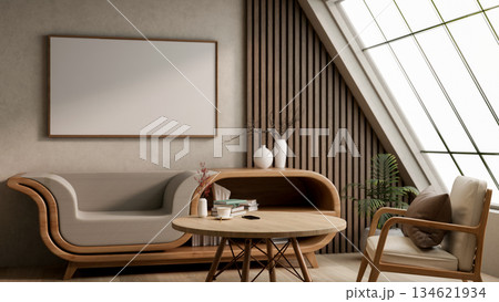 White frame hanging over a multifunctional wooden armchair and round table in an attic living room. 134621934
