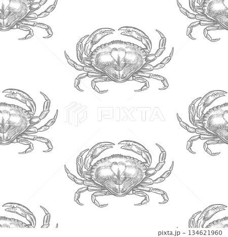 Seamless pattern of sea crabs. Hand-drawn vector illustration. Seafood image in grayscale. Separate from the background. Perfect for packaging, labels, textiles, wrapping paper, and more. 134621960