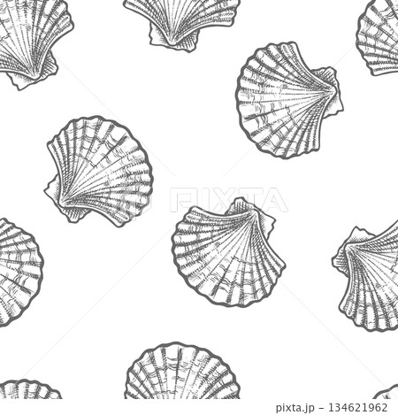 Seamless scallop pattern. Hand-drawn vector illustration. Seafood image in grayscale. Separate from the background. Perfect for packaging, labels, textiles, wrapping paper, and more. Seamless scallop pattern. Hand-drawn vector illustration. Seafood image in grayscale. Separate from the background. Perfect for packaging, labels, textiles, wrapping paper, and more. 134621962