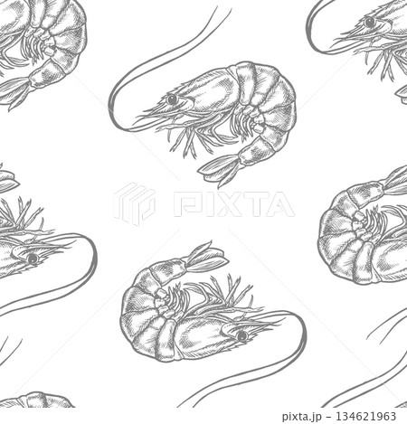 Seamless shrimp pattern. Hand-drawn vector illustration. Seafood image in grayscale. Separate from the background. Perfect for menus, recipe books, packaging, labels, textiles, and more. 134621963