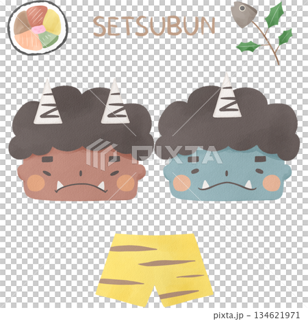 水彩節分背景圖（紅鬼、藍鬼、江戶卷、沙丁魚、鬼褲） 134621971