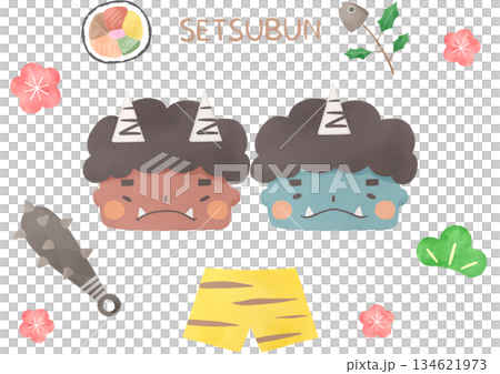 水彩節分背景圖（紅鬼、藍鬼、江戶卷、沙丁魚、鬼褲） 134621973