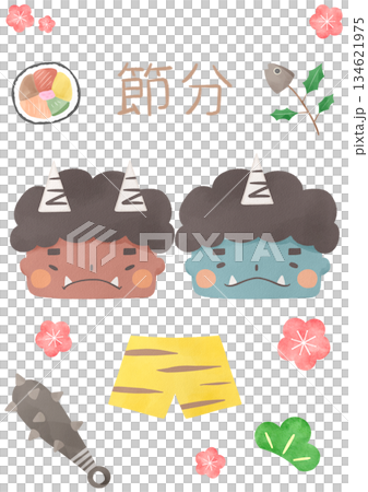 Watercolor Setsubun background illustration (red demon, blue demon, ehomaki, sardines, demon pants) 134621975
