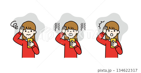 スマートフォンを見て頭を抱える、10代の女性の上半身ベクターイラスト素材セット_カラー スマートフォンを見て頭を抱える、10代の女性の上半身ベクターイラスト素材セット_カラー 134622317