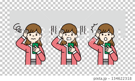 一位年輕女性/家庭主婦的上半身向量插圖,她正抱著頭看著她的智慧型手機(彩色) 一位年輕女性/家庭主婦的上半身向量插圖,她正抱著頭看著她的智慧型手機(彩色) 134622318