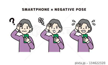 スマートフォンを見て頭を抱える、おばあさん・祖母の上半身ベクターイラスト素材セット_カラー スマートフォンを見て頭を抱える、おばあさん・祖母の上半身ベクターイラスト素材セット_カラー 134622320