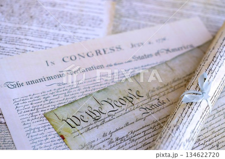 Closeup of a replica of U.S. document of American constitution We the people. Preamble to the Constitution of the United States Closeup of a replica of U.S. document of American constitution We the people. Preamble to the Constitution of the United States 134622720