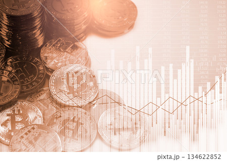 Modern way of exchange. Bitcoin is convenient payment in global economy market. Virtual digital currency and financial investment trade concept. Abstract cryptocurrency with gold bitcoin background. 134622852