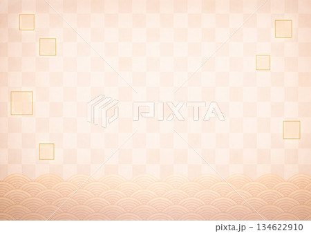 市松模様、青海波と金ラインのある和柄パターン 134622910