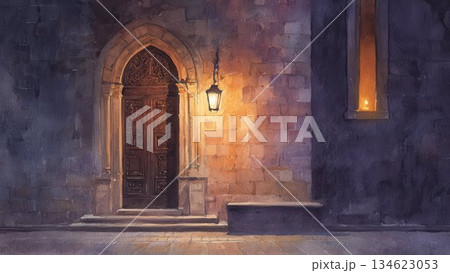 ランプに照らされた古い扉 夜の絵画風背景 134623053