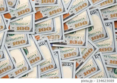 United States Dollar currency money bills. USD currency banknotes in stack with different denomination close up 134623089