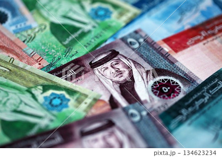 Jordanian Dinar currency money bills. JOD currency banknotes in pile with different denomination close up Jordanian Dinar currency money bills. JOD currency banknotes in pile with different denomination close up 134623234