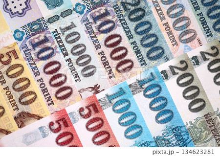Hungarian Forints currency money bills in big amount. Stack of HUF currency banknotes with different denomination close up Hungarian Forints currency money bills in big amount. Stack of HUF currency banknotes with different denomination close up 134623281